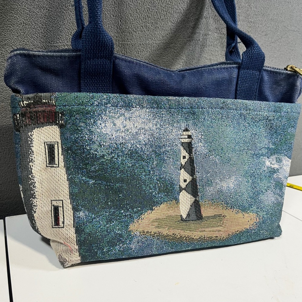 Tervis Made for Life Lighthouse Tapestry Canvas Tote Bag Navy Blue Nautical Zip